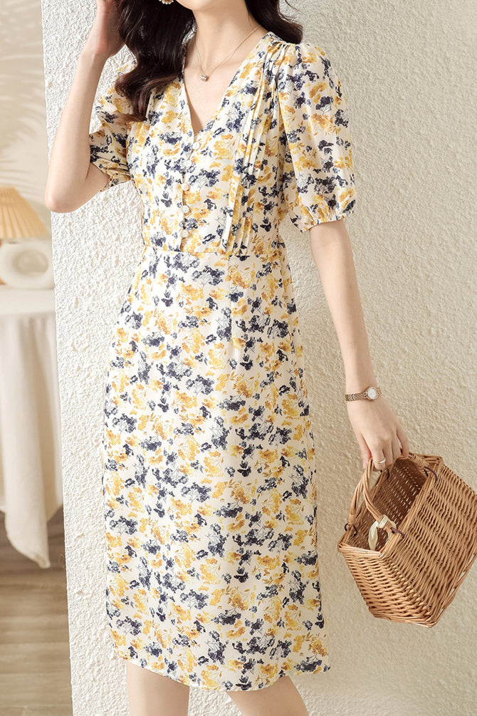 Floral Pintuck Flare Dress