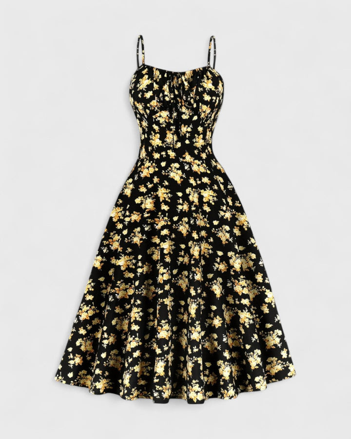 Margaux zomerjurk met spaghettibandjes en vintage bloemenprint