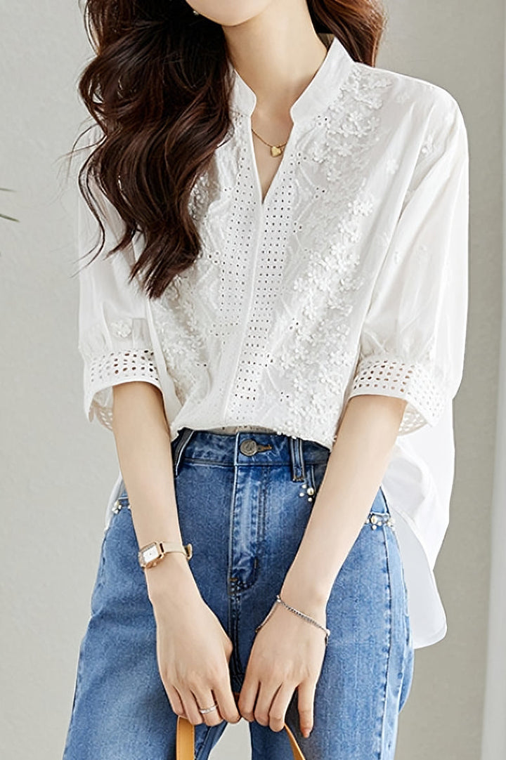 Geborduurde blouse in effen kleur