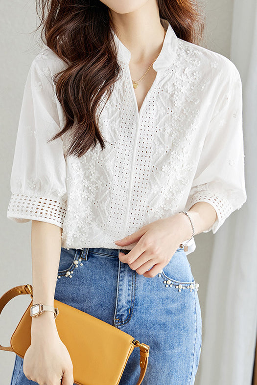 Geborduurde blouse in effen kleur