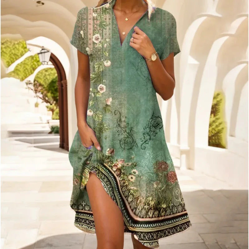 Carla™ | Elegante V-hals Jurk met Bloemenmotief