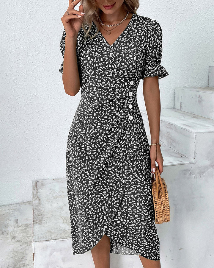 Gabrielle midi jurk met korte mouwen en bloemenprint